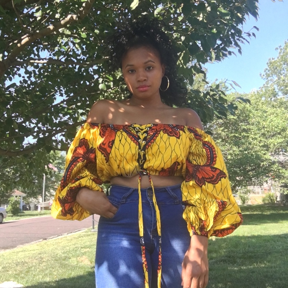 Handmade off the shoulder yellow butterfly top